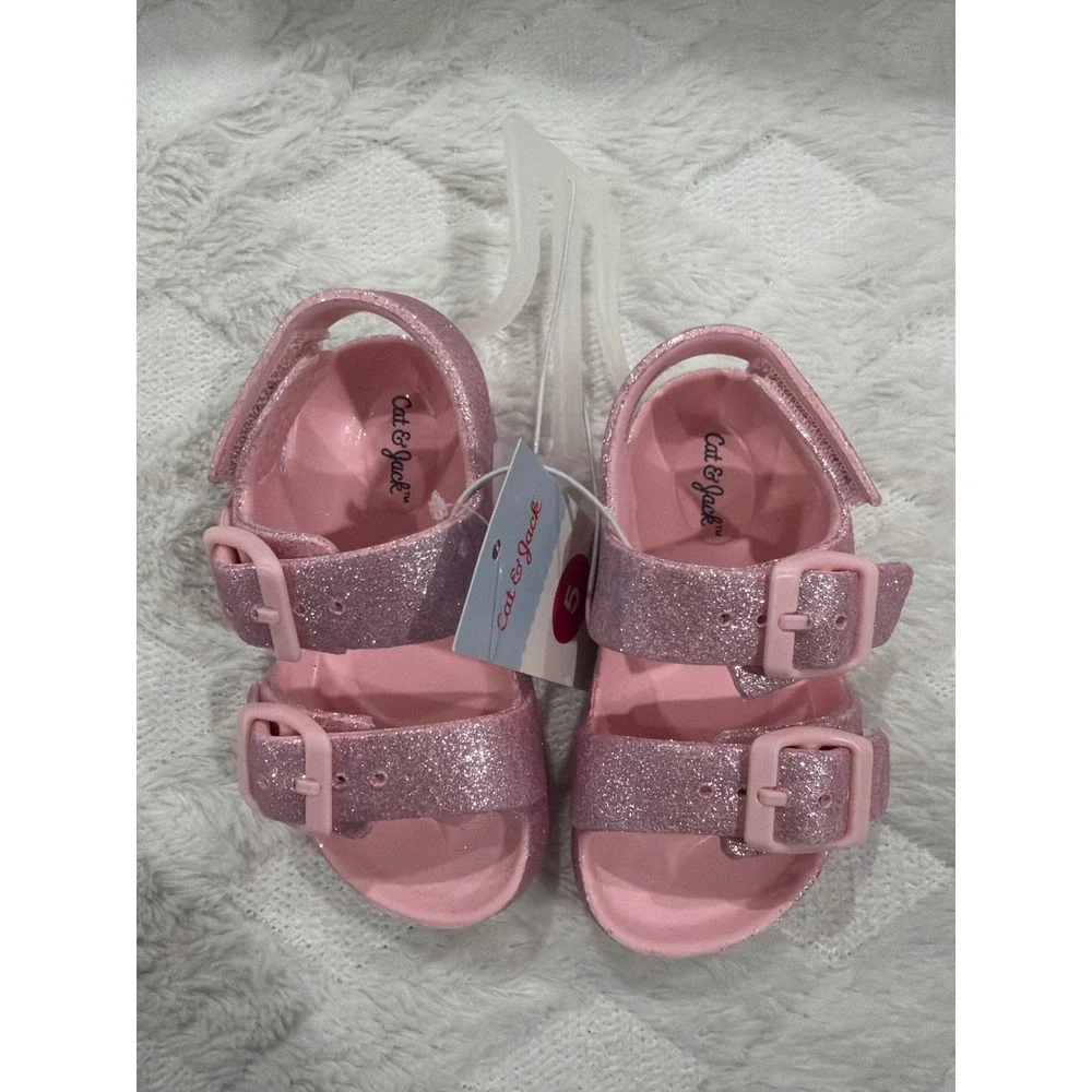 Cat & Jack Toddler Girls Pink Glitter Double Strap Buckle Sandals Size 5 NWT